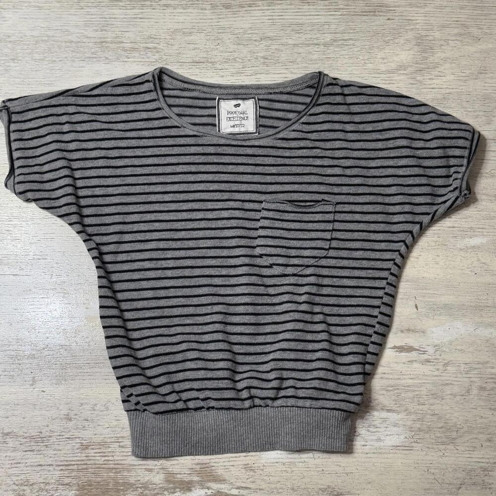 EUC Poof Excellence Black and Grey Striped Pocket Top Size 10 12 Years